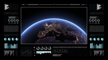 Dünya gezegeni analitik ekranda. Üç boyutlu karasal dünya animasyonu. Dünya veri teknolojisi HUD arayüzü. 4k çözünürlüğü.