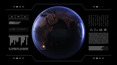 Dünya gezegeni analitik ekranda. 3 boyutlu dünya animasyonu, gece görüşü. Dünya veri teknolojisi HUD arayüzü. 4k çözünürlüğü.