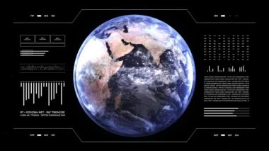 Dünya gezegeni analitik ekranda. Üç boyutlu karasal dünya animasyonu. Dünya veri teknolojisi HUD arayüzü. 4k çözünürlüğü.