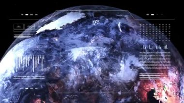 Dünya gezegeni analitik ekranda. Üç boyutlu karasal dünya animasyonu. Dünya veri teknolojisi HUD arayüzü. 4k çözünürlüğü.