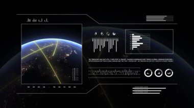 Analizde Dünya 3D gezegeni 4K gösteriyor. Asya kıtasındaki hızlı hatlar, veri transferi ve dijital bağlantının sembolü. Dünya teknolojisi HUD arayüzü.