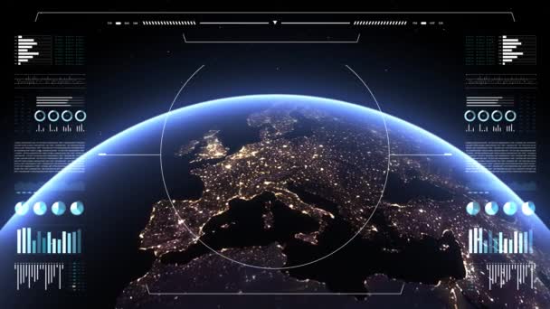 Планета Земля Дисплее Аналитики Анимация Земного Шара Интерфейс Hud Мировых — стоковое видео