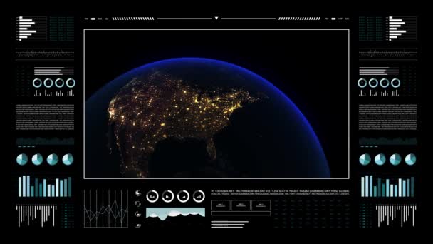 分析表示上の惑星地球 地上3次元アニメーション夜景 世界のデータ技術Hudインターフェイス 4K分解能 — ストック動画