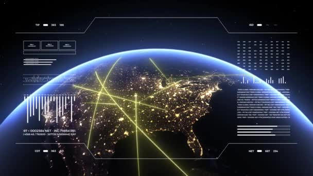 分析中的地球3D显示4K 快速线路在北美移动 标志着数据传输和数字连接 世界技术Hud接口 — 图库视频影像