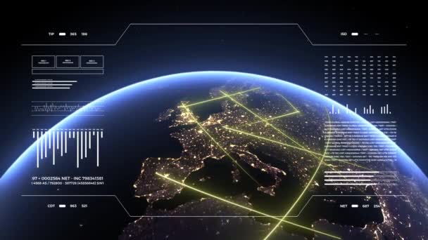 Planet Erde Auf Analytik Anzeige Schnelle Leitungen Europa Kontinent Symbol — Stockvideo