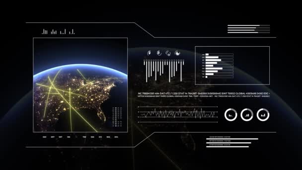 Planète Terre 3d sur l'affichage analytique 4k. Lignes rapides se déplaçant en Amérique du Nord, symbole de transfert de données et de connexion numérique. Interface HUD technologique mondiale .