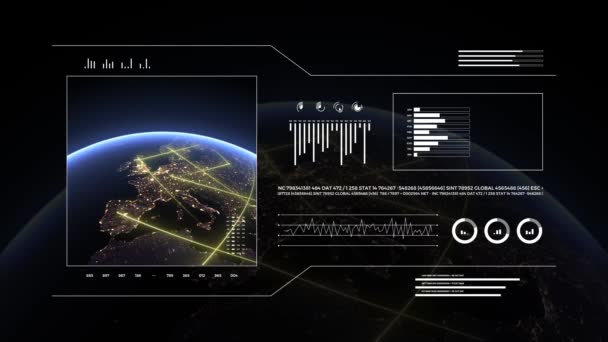 分析表示上の惑星地球3D ヨーロッパ大陸で移動する高速ライン データ転送とデジタル接続のシンボル 世界技術Hudインターフェース — ストック動画