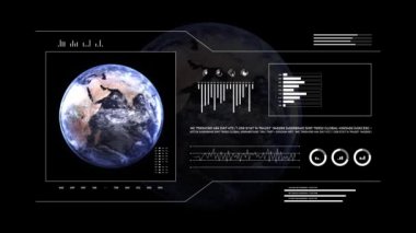 Dünya gezegeni analitik ekranda. Üç boyutlu karasal dünya animasyonu. Dünya veri teknolojisi HUD arayüzü. 4k çözünürlüğü.