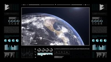 Dünya gezegeni analitik ekranda. Üç boyutlu karasal dünya animasyonu. Dünya veri teknolojisi HUD arayüzü. 4k çözünürlüğü.