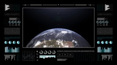 Dünya gezegeni analitik ekranda. Üç boyutlu karasal dünya animasyonu. Dünya veri teknolojisi HUD arayüzü. 4k çözünürlüğü.