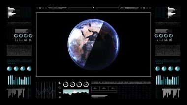 Dünya gezegeni, gece gündüz görüş ayrılığı. Üç boyutlu karasal küre. Veri teknolojisi HUD ekran arayüzü. 4k çözünürlüğü.