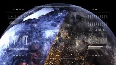 Dünya gezegeni, gece gündüz görüş ayrılığı. Üç boyutlu karasal küre. Veri teknolojisi HUD ekran arayüzü. 4k çözünürlüğü.