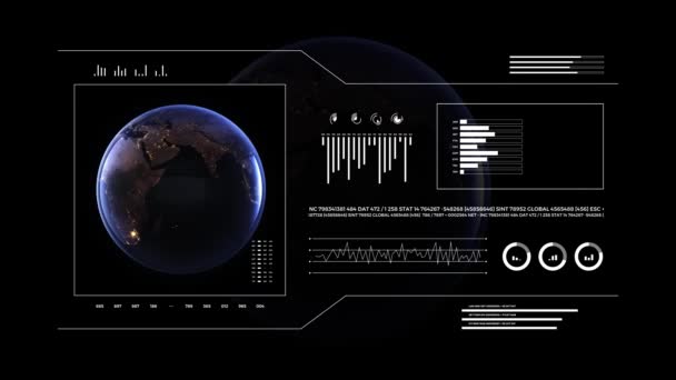 分析表示上の惑星地球 地上3次元アニメーション夜景 世界のデータ技術Hudインターフェイス 4K分解能 — ストック動画