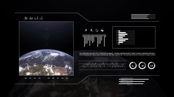 分析表示上の惑星地球 地上3次元アニメーションです 世界のデータ技術Hudインターフェイス 4K分解能 — ストック動画