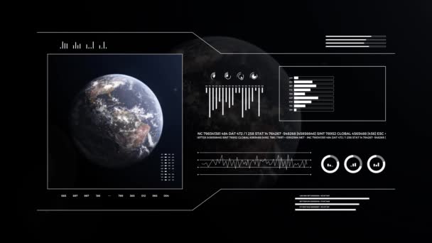 分析表示上の惑星地球 地上3次元アニメーションです 世界のデータ技術Hudインターフェイス 4K分解能 — ストック動画