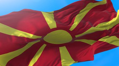Makedonya 'nın rüzgarlı gerçekçi Makedon arka planında dalgalanan bayrağı. Makedonya geçmişi 