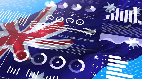 Australia informational analysis reports and financial data, infographics display with flag, columns numbers and pie graphics chart. Financial scientific and medical topics.
