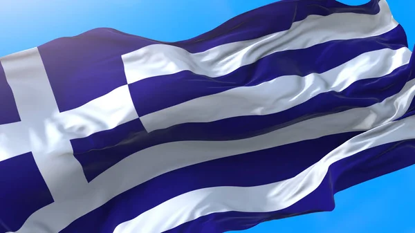 Yunanistan Rüzgârlı Gerçekçi Yunan Arka Planında Dalgalanan Bayrak Sallıyor Yunanistan — Stok fotoğraf