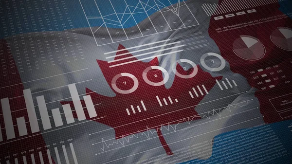 Canada informational analysis reports and financial data, infographics display with flag, columns numbers and pie graphics chart. Financial scientific and medical topics.