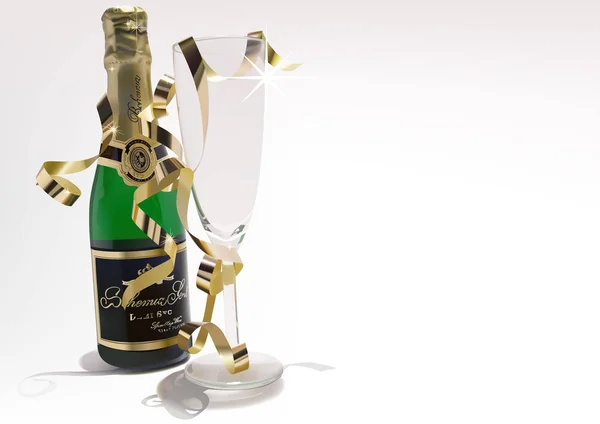 Şarap şişesi ve altın konfeti ile cam — Stok Vektör