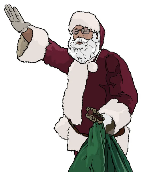 Santa Claus mávat a drží pytel — Stockový vektor