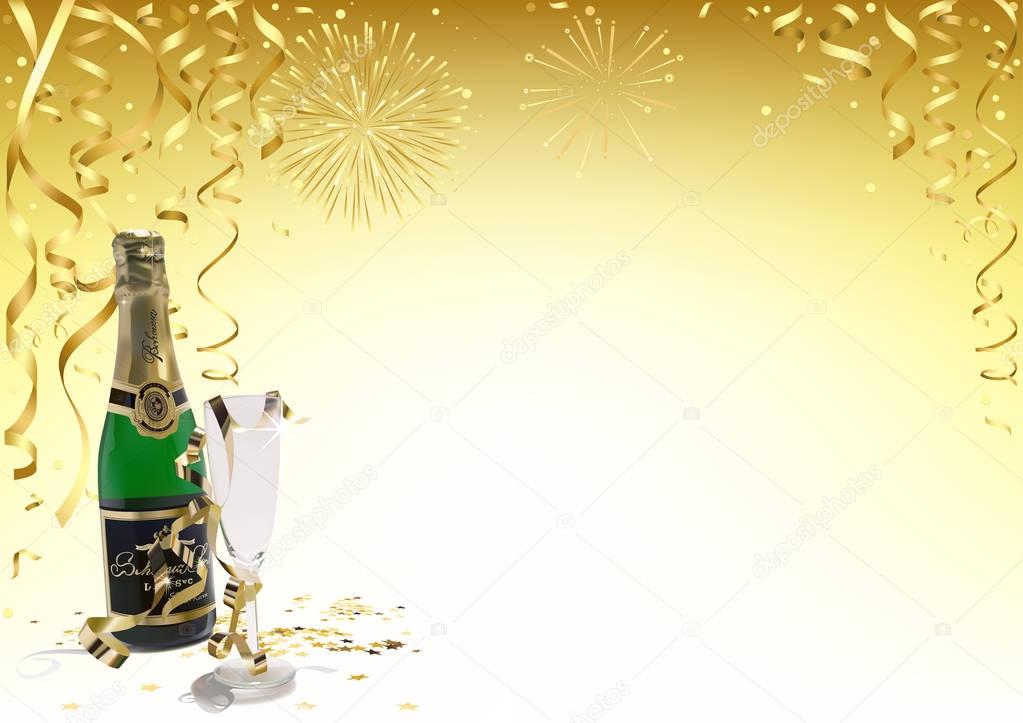 Gold Happy New Year Background with Champagne
