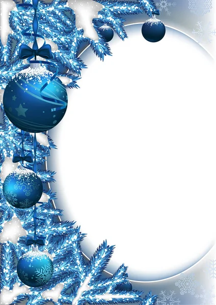 Fondo Azul Navidad Con Adornos Ramas Coníferas Ilustración Nevada Festiva — Vector de stock