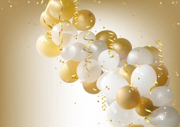 Balões Festa Branca Dourada Com Queda Confetti Fundo Férias Ilustração —  Vetores de Stock