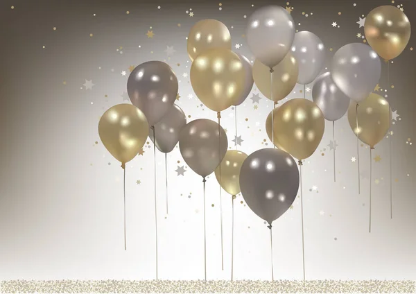 白色和金色党气球与下落的五彩纸屑 假日背景例证 — 图库矢量图片