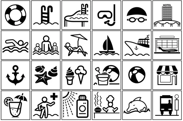 Summer Vacation Icon Collection Black White Illustrations Vector — Stock Vector