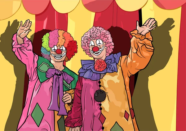 Zwei Bunte Clowns Winken Vor Dem Zirkuszelt Farbige Illustration Vektor — Stockvektor