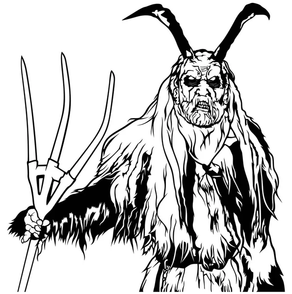 Satanás Pie Sosteniendo Una Horca Ilustración Del Diablo Blanco Negro — Archivo Imágenes Vectoriales