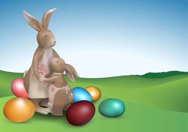 复活节背景与两个棕色的兔子和五颜六色的鸡蛋在春季景观彩色插图 — 图库矢量图片