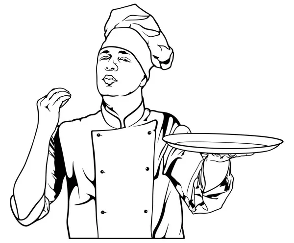 Gesto Del Chef Delicioso Sosteniendo Una Placa Ilustración Contorneada Blanco — Archivo Imágenes Vectoriales