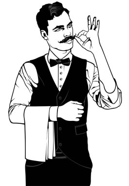 Restoran Delicious - siyah ve beyaz illüstrasyon vektör gösterilen garson