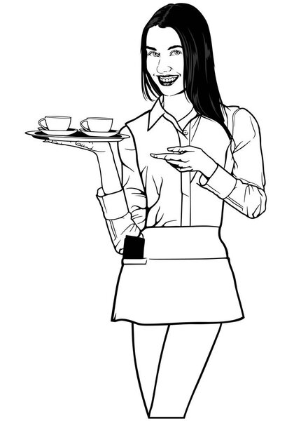 Attractive Waitress Carrying Coffee - Black and White Sketch Illustration, Vector