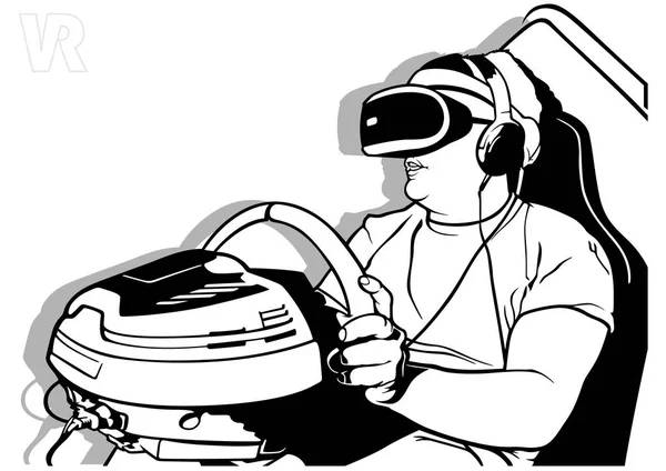 Realidade Virtual Com Volante Simulação Condução Black White Sketch Illustration —  Vetores de Stock