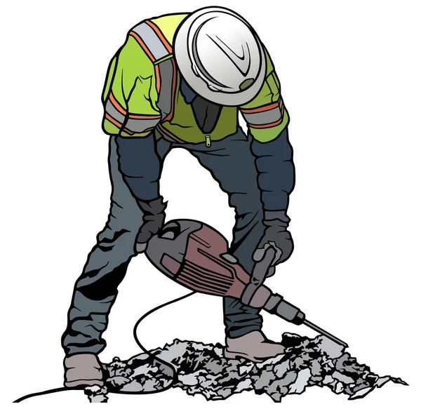 Builder Worker Pneumatic Hammer Drill Equipment Breaking Road Construction Site — Stock Vector