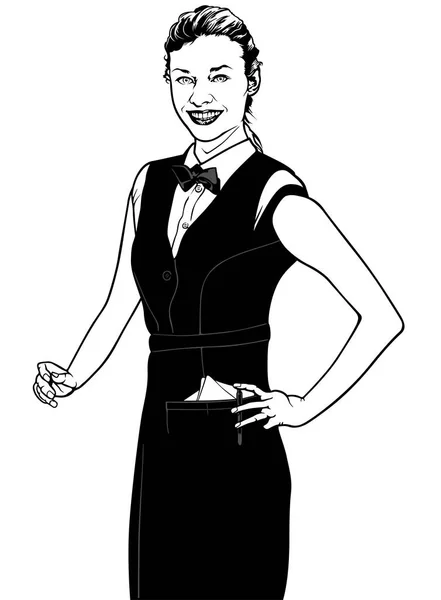 Glimlachende Serveerster Uniform Zwart Wit Schets Illustratie Vector — Stockvector