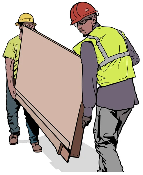 Dos Trabajadores Construcción Que Llevan Tablero Madera Ilustración Colores Vector — Archivo Imágenes Vectoriales