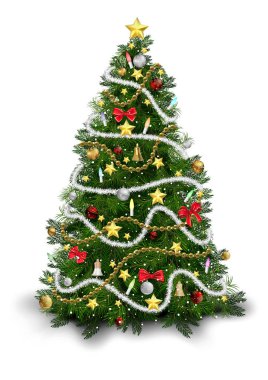Beyaz arka planda izole edilmiş renkli süslemeleri olan Noel Ağacı - Mutlu Noeller, Vektör