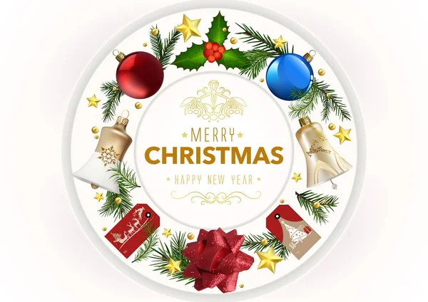 现代圣诞贺卡与圣诞装饰品 节日插图与彩色装饰品在白色背景的圆形安排 — 图库矢量图片