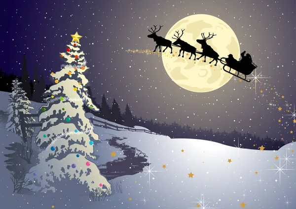 Julbakgrund Med Nattlig Vinterlandskap Och Silhuett Jultomten Med Rensläde Abstrakt — Stock vektor