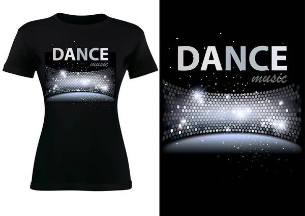 Návrh černého trička s diskotékou taneční tematikou — Stockový vektor