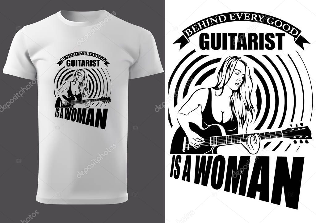 T-shirt with Woman Guitarist and Inscriptions