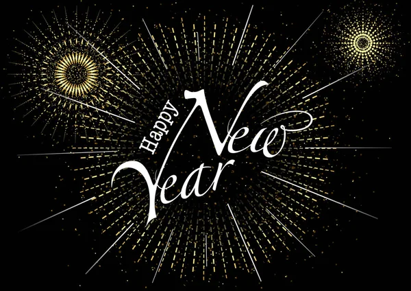 Happy New Year Greeting Inscription Fireworks Burst Gold Abstrakt Background — Stockový vektor