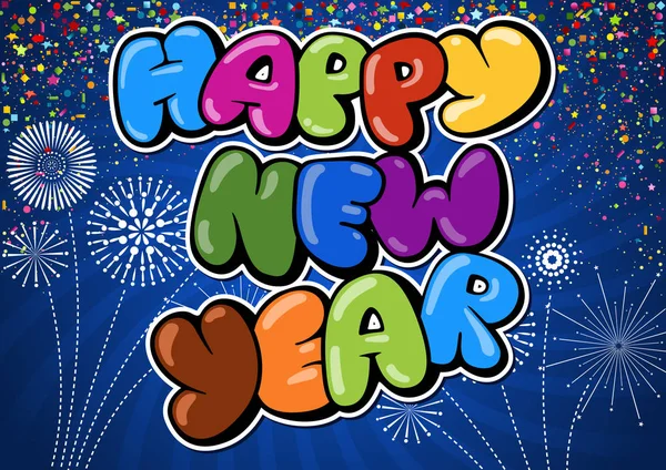 Πολύχρωμο Ευτυχισμένο Νέο Έτος Χαιρετισμός Μπλε Φόντο Πολύχρωμα Κομφετί Και — Διανυσματικό Αρχείο