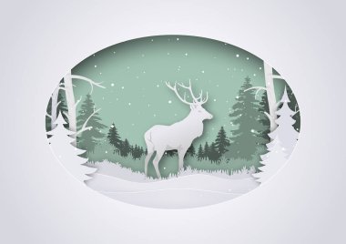 Wintry Paper Art Xmas Greeting with Deer in Forest - Katmanlı Kış Manzaralı Neşeli Arkaplan Resimleri, Vektör