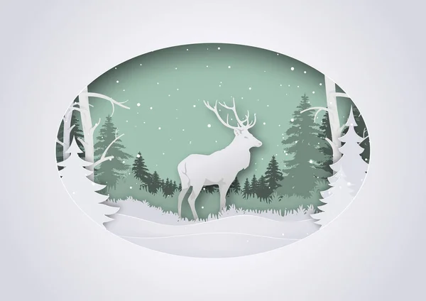 Arte Papel Invernal Saludo Navidad Con Ciervo Bosque Ilustración Fondo — Vector de stock