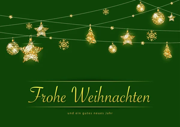 Hängende Goldene Weihnachtsdekoration Auf Grünem Hintergrund Festliche Moderne Grußkarte Oder — Stockvektor